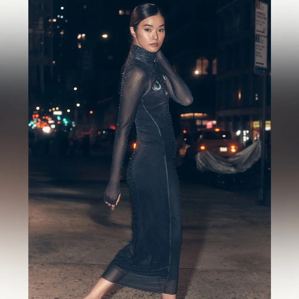 AFRM Long-Sleeve Mock-Neck Printed Midi Dress